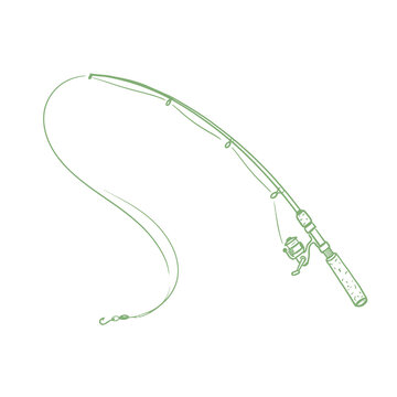 Fishing rod with reel and hook in green line art for outdoor recreation sports equipment catalogs and hobbyist blog headers on transparent background vector.