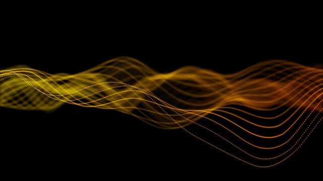 Abstract warm gradient wave background with glowing orange and gold curve lines flowing smoothly, futuristic energy stripes and luminous drifting particles, seamless loop 4K video.