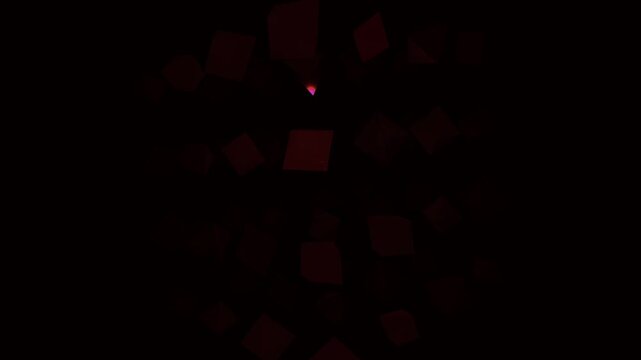 Abstract 3D glowing red geometric cubes floating in dark digital space, representing data structures and cyber technology network background for futuristic visual concepts.