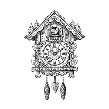 Vintage cuckoo clock black ink hand drawn sketch illustration perfect for traditional German souvenir shops antique store graphics and classic home decor concepts.