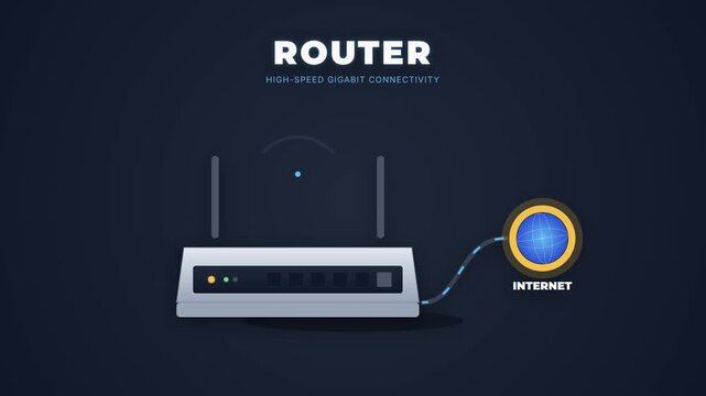 Animated 2D graphic showing a high-speed gigabit router icon connected to a global internet symbol, illustrating modern wireless networking, data transmission, and fast broadband connectivity.
