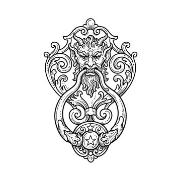 Ornate antique door knocker with horned satyr face and decorative baroque swirl motifs engraved in dark grey ink for vintage architecture design projects.