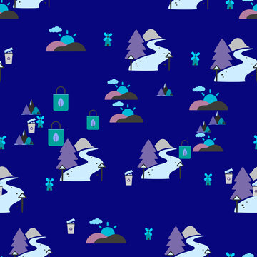 Seamless pattern of stylized eco-friendly landscape elements