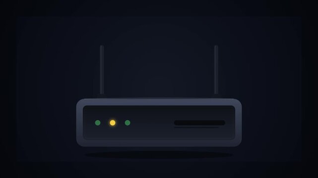 Modern Stylized Illustration of a Wireless Wi-Fi Router with Blinking Indicator Lights on a Dark Background, Symbolic of Internet Connectivity, Data Networking, and Cyber Security Concept.