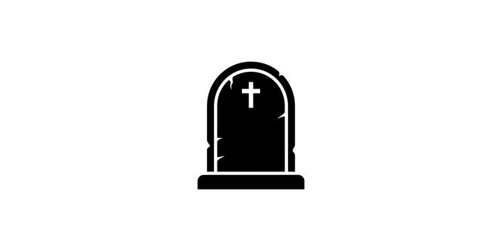 Minimalist black tombstone silhouette icon featuring a white cross and cracked texture, isolated on white background for funeral, cemetery, mourning, or Halloween graphic designs.