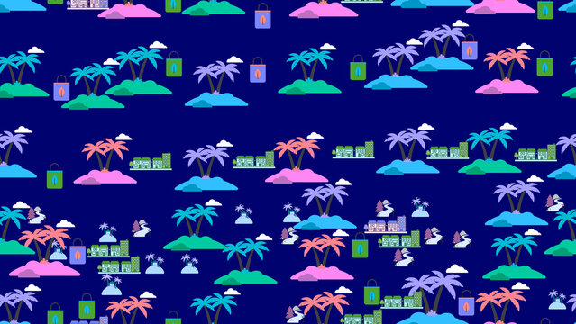 Tropical island pattern with palm trees and buildings