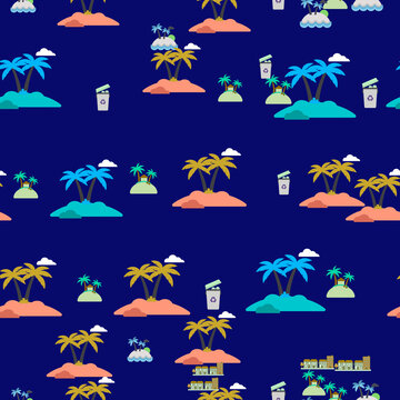 Tropical Islands Pattern with Palm Trees and Clouds