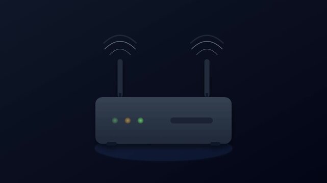 Minimalist animation of a wireless Wi-Fi router with signal waves and blinking status lights on a dark background, representing high-speed internet connection and data networking technology.