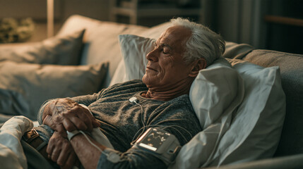 Fototapeta premium Senior man resting on a sofa with his eyes closed while wearing wearable health monitoring devices and a connected sensor unit at home