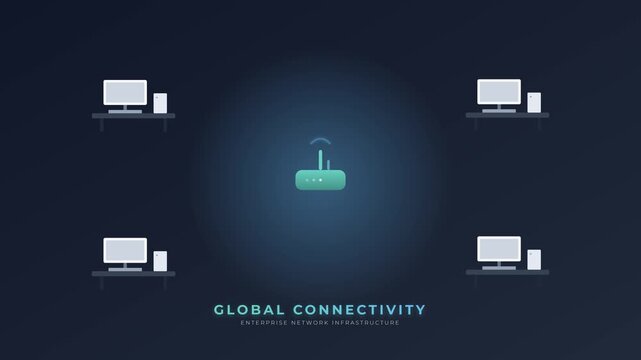 Flat design animation of a central wireless router connecting workstations, representing global connectivity and enterprise network infrastructure on a dark background for digital concepts.