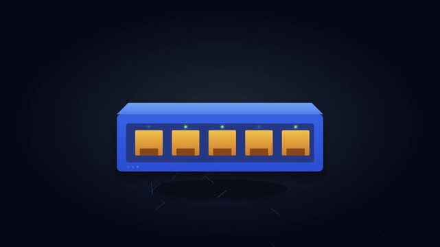 Flat 2D animation of a blue network switch with five ethernet ports and blinking status LED lights on a dark background, representing data connectivity and internet infrastructure.