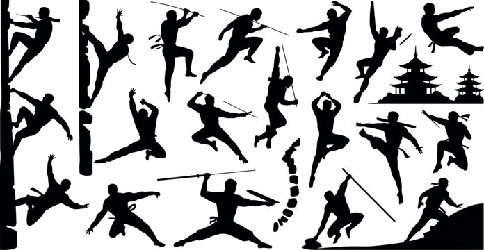 Vector ninja silhouette set of martial arts warriors climbing jumping and fighting isolated on white background