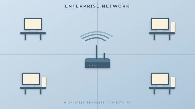 Minimalist flat design animation of an enterprise network infrastructure with a wireless router connecting multiple workstations for high-speed seamless connectivity in a modern office environment.
