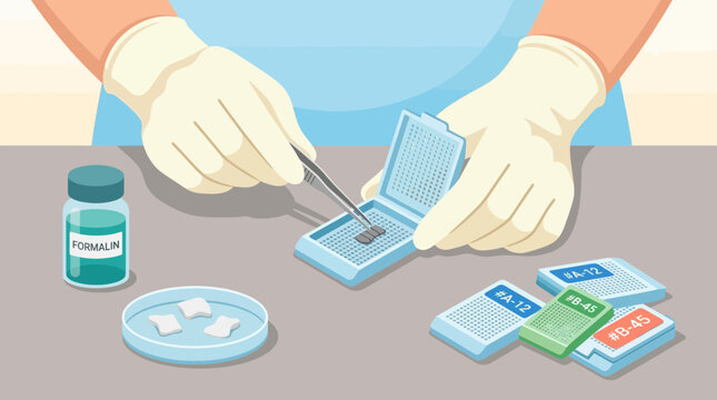 Laboratory procedure: tissue sample in slide holder, formalin bottle