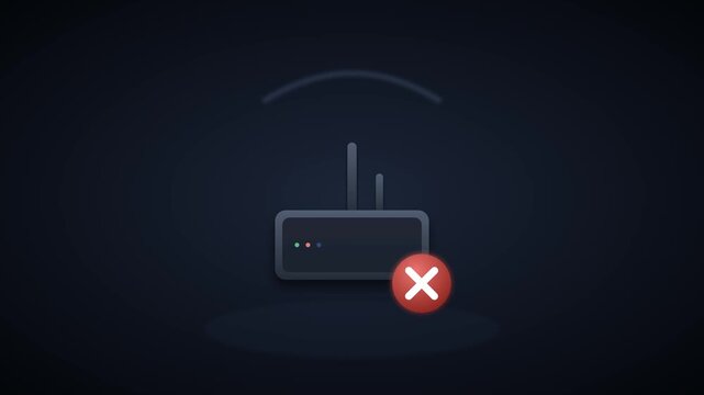 Minimalist 2D animation of a wireless router icon with a red cross mark, symbolizing no internet connection, network error, or offline status on a dark background.