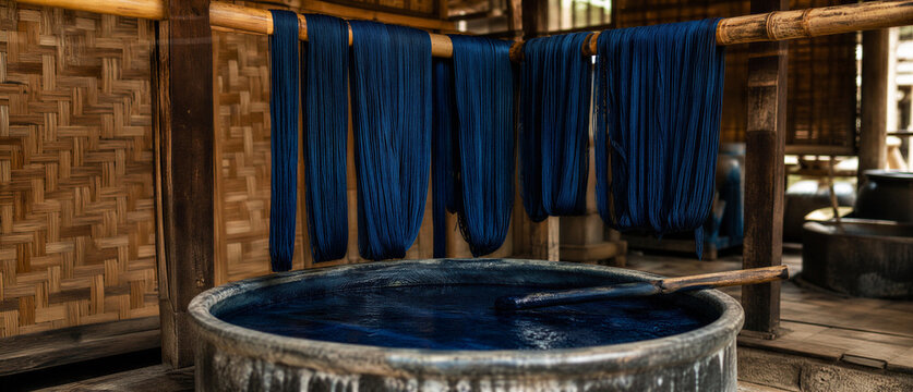 Traditional indigo dyeing process with blue threads hanging over a dye vat in a rustic workshop