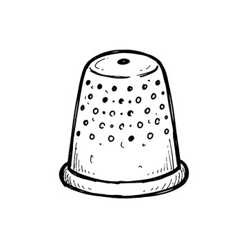 Sewing thimble doodle with pitted surface texture and metal rim detail for quilting tailoring shop craft supplies or handicraft and haberdashery hobby themes.