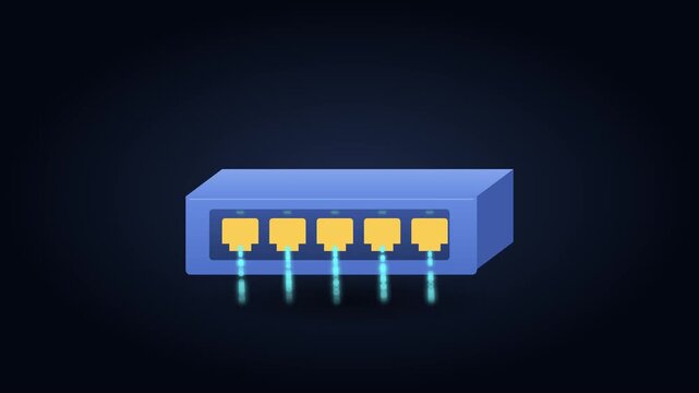 Stylized 3D animation of a network switch router with glowing data transmission light streams from Ethernet ports, symbolizing high-speed internet connectivity and cloud storage infrastructure.