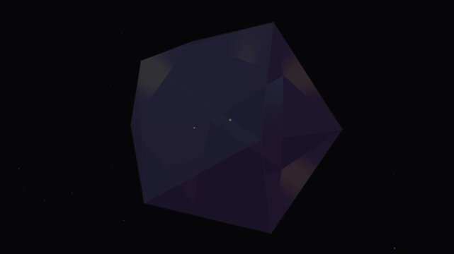 Abstract 3D purple geometric polygon rotating in dark celestial space with glowing particles. Minimalist polyhedral shape spinning against black background.