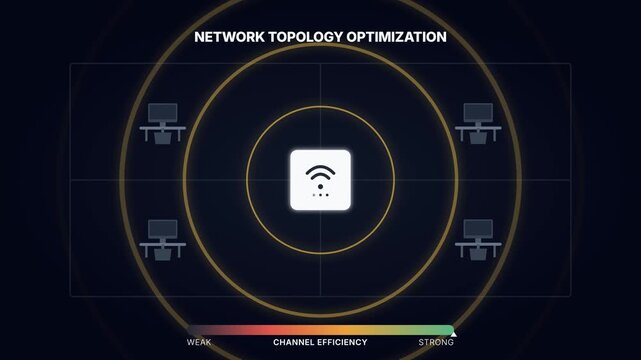 Motion graphic showing network topology optimization with a Wi-Fi router icon and signal waves improving channel efficiency from weak to strong on a dark corporate interface background.