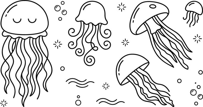 Cute jellyfish outline icon set with floating sea medusa bubbles and ocean wave elements vector line art illustration