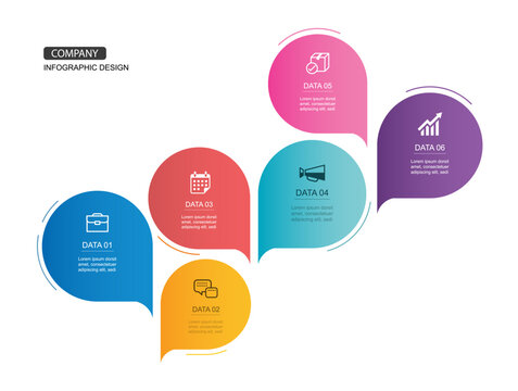 Infographic template with 6 colorful options speech bubble shape.