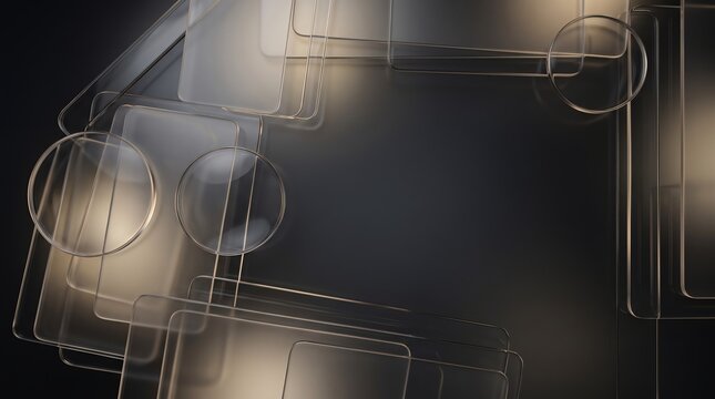 Minimalist glassmorphism metallic frame with abstract circular glowing light patterns glowing circles dark background modern border sleek metal