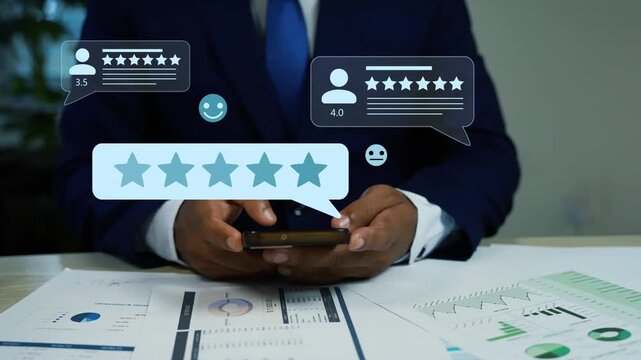 Businessman using a smartphone at a desk with floating hologram star ratings and customer review icons, Checking Holographic Customer Ratings on Smartphone