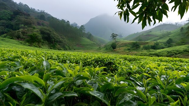 Lush green tea plants stretch across rolling hills under a misty sky  framed by tree branches in the foreground
