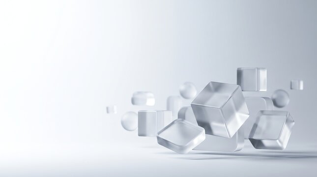 Abstract composition of glass floating transparent cubes on a light gray background with glass blocks floating objects minimalist