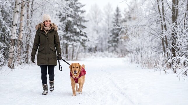 woman walking golden retriever dog on leash in snowy forest winter outdoor stroll