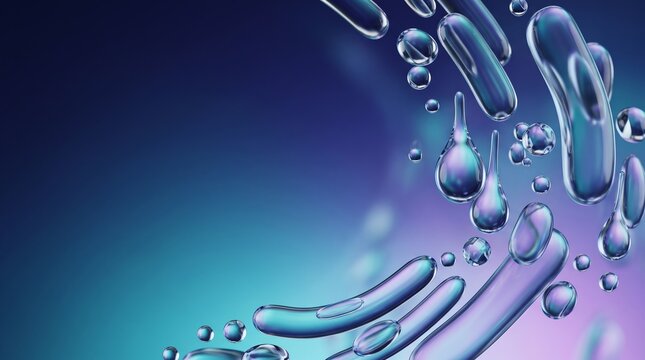 Macro view of floating blue water droplets on a smooth gradient background with droplets abstract floating background freshness