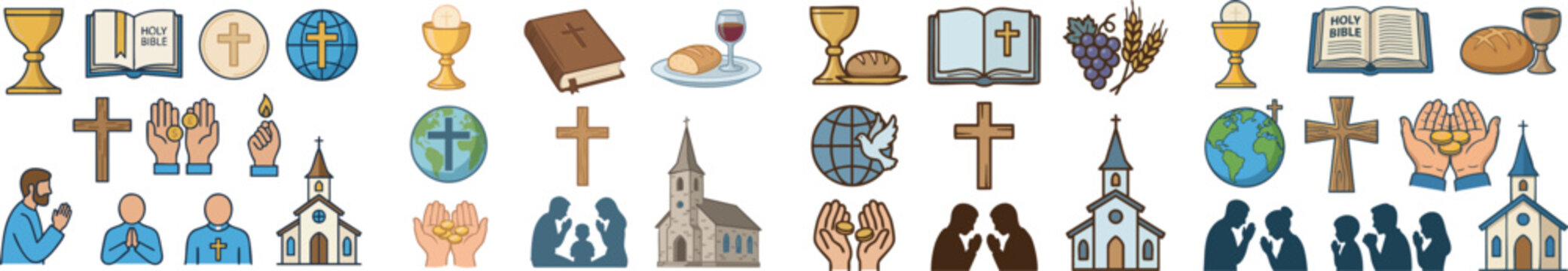 A collection of Christian religious symbols and icons including a chalice, Bible, communion, globe, cross, hands with coins, praying people, and a church, vector isolated on white