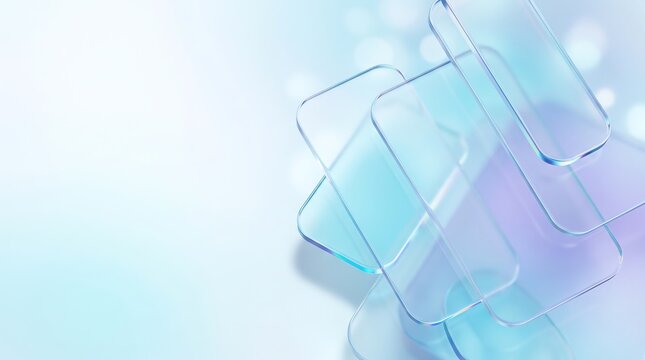 Abstract composition of overlapping glass rectangles with soft blue and purple lighting abstract rectangles geometric transparent