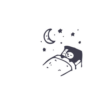 Simple dark grey sleeping icon under crescent moon and stars on transparent background for bedtime branding pajamas packaging and relaxation concepts.