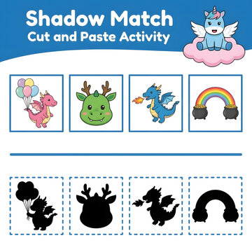 Shadow match cut and paste activity, mythical creatures for kids, educational game