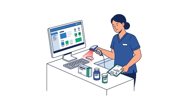 Pharmacist scanning medication with barcode reader at counter