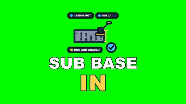 4K green screen SUB BASE IN animated text - the dig filling with stone and the wacker walking it down, kinetic typography driveway overlay for paving content, chroma key