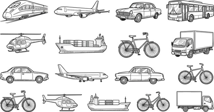 Sketch Transportation and Vehicle Icon Set Featuring Train Airplane Classic Car Bus Helicopter Cargo Ship Truck and Bicycle Vector Graphic Designs