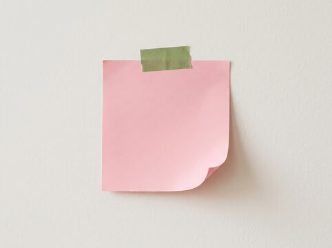 Pink sticky note attached with green tape on wall