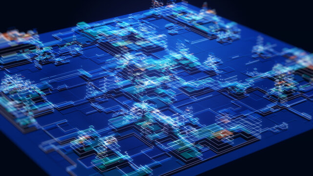 Abstract big data processing network with layered digital structures and glowing information paths, representing data analytics, digital infrastructure, computing and advanced information technology.