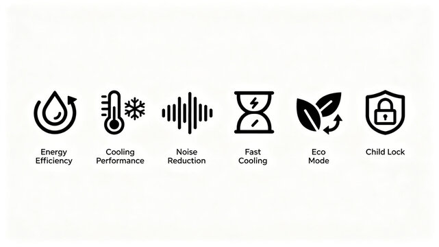 The black line cooling home appliance selling point icon represents energy saving, noise reduction, and fast cooling, suitable for refrigerator promotion and e-commerce main image design.

