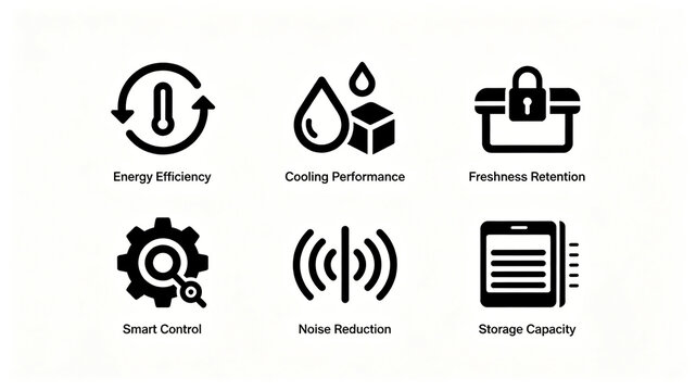 Simple black icon for household appliance cooling function, representing efficient cooling and intelligent temperature control, suitable for refrigerator product introduction and advertising materials
