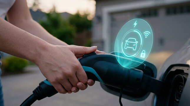 Woman hands plugging charger into electric car with futuristic holographic interface at home garage during sunset, sustainable energy concept.