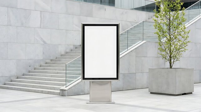 Blank vertical billboard display stand standing on a paved plaza in front of stone stairs with modern stone staircase staircase potted tree