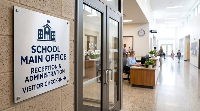 The entrance to a school's main office, featuring a sign indicating reception, administration, and visitor check-in, with a bright, modern hallway visible.