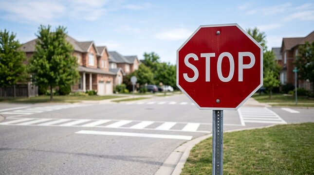 A red stop sign stands at a suburban intersection with a crosswalk and houses in the background.