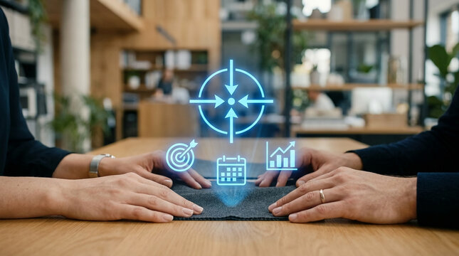 Business Professionals Planning Strategy with Glowing Blue Holographic Digital Icons of Target Calendar and Growth Graph in Modern Office