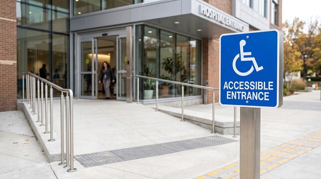 Accessible entrance to a modern building with a ramp and a blue wheelchair accessibility sign.