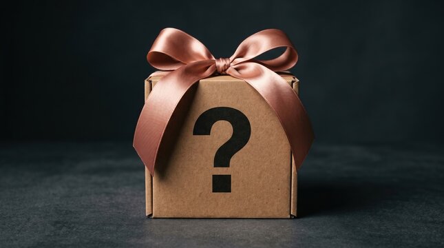 Cardboard gift box with a question mark symbol and a decorative satin ribbon bow question surprise cardboard
